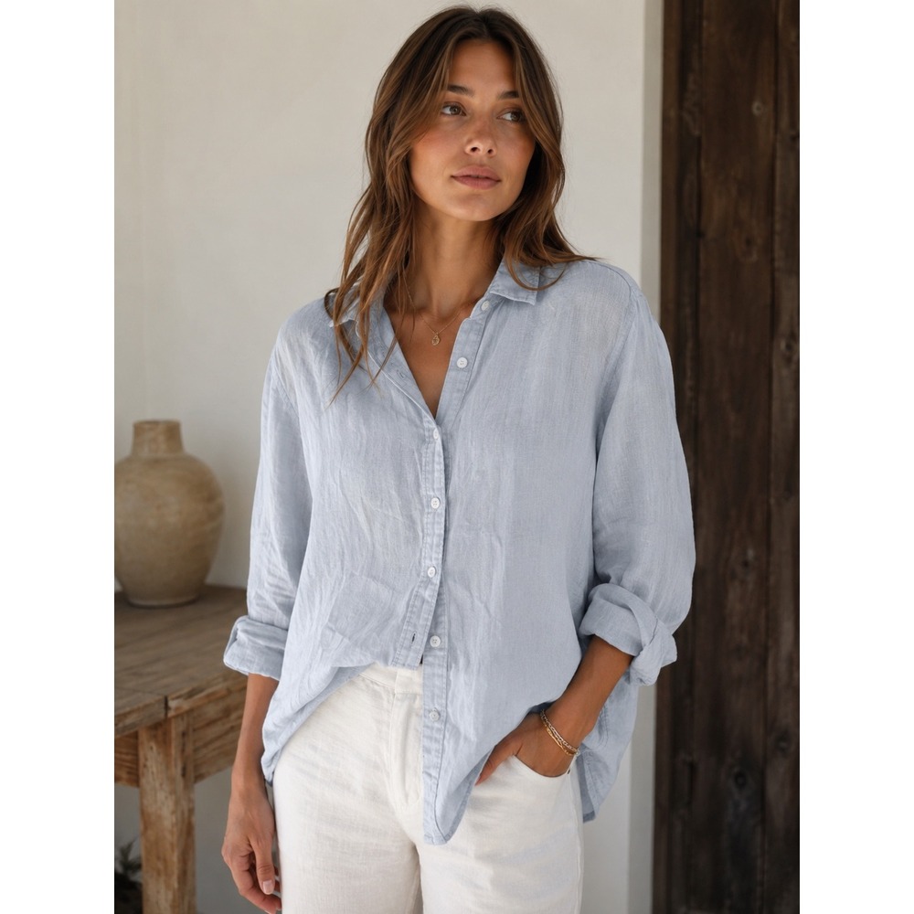 Quince 100% European Linen Button Down Shirt Light Blue Long Sleeve Womens Med